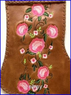 Leather Christmas Stocking Rose Embroidered Star Handmade Flat Decor Xmas Gift