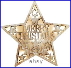 Led Wall / Free Standing Wood Merry Christmas Star Picture With Led Back Lights