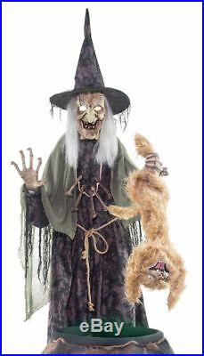 LifeSize Animated EVIL WITCH COOKS CAT IN CAULDRON Halloween Haunted House Prop