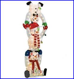 Life Size 65 Christmas Snowman Trio Fluffy Tinsel Stack Led Lighted Yard Decor