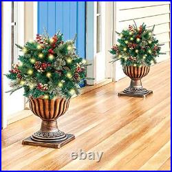 Lighted Artificial Christmas Urn Filler, Pre-lit Xmas Pine Trees with Cones, 2