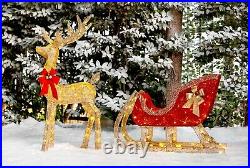 Lighted Christmas Reindeer and Sleigh Outdoor Yard Decor Set with LED Lights Xmas