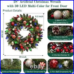Lighted Christmas Wreath 28” Artificial with 30 LED Multi-Color