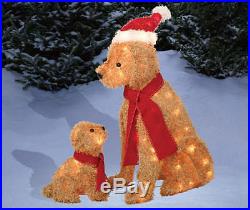 Lighted Fluffy Dog and Puppy in Santa Hat & Scarf 2 Pc Christmas Outdoor Decor