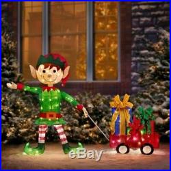 Lighted Santa’s Elf With Wagon Of Gifts Sculpture Outdoor Christmas Decor Yard