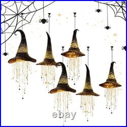 Lighted Witch Hat Hanging Chime, Glowing Star Tassel Halloween Decoration