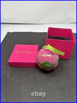 Lilly Pulitzer Hotty Pink Loopy 2013 CHRISTMAS GLASS ORNAMENT Elephants Box