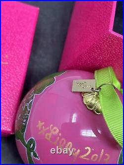 Lilly Pulitzer Hotty Pink Loopy 2013 CHRISTMAS GLASS ORNAMENT Elephants Box