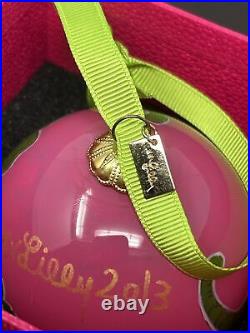 Lilly Pulitzer Hotty Pink Loopy 2013 CHRISTMAS GLASS ORNAMENT Elephants Box