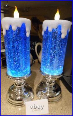 Lot of 2 Icy Blue Illuminated Pedestal Candles by Valerie Parr Hill NIB
