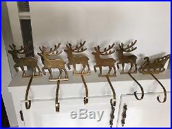 Lot of 6 Vtg Heavy Solid Brass Christmas Stocking Holders (5)Reindeer, (1)Sleigh
