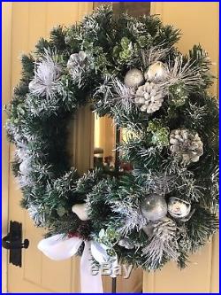 Luxury Quality Christmas Door Wreath Bauble Sprays Cones Dove Silver White 50cm