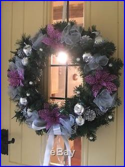 Luxury Quality Christmas Door Wreath Baubles Poinsettia Beads Silver Purple 50cm