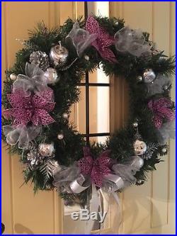 Luxury Quality Christmas Door Wreath Baubles Poinsettia Beads Silver Purple 50cm