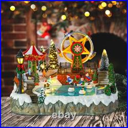 MUMTOP Christmas Village Amusement Park with Moving Skaters, Light Up Animate