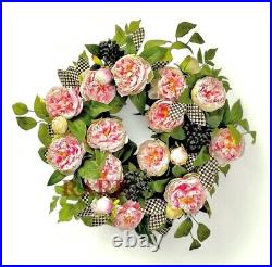 MacKenzie-Childs 23 Peony Wreath Courtly Check Leaves New