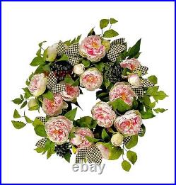 MacKenzie-Childs 23 Peony Wreath Courtly Check Leaves New