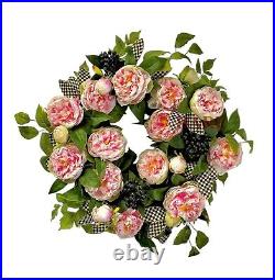 MacKenzie-Childs 23 Peony Wreath Courtly Check Leaves New