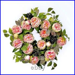 MacKenzie-Childs 23 Peony Wreath Courtly Check Leaves New