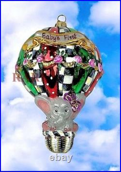 MacKenzie-Childs Baby Elephant Baby’s First Balloon Glass Ornament New in Box