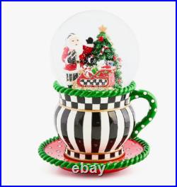 MacKenzie-Childs Check It Out Teacup Snow Globe Santa Courtly Check 8.25 NEW