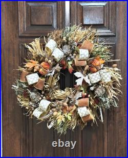 MacKenzie-Childs Courtly Check Mocha Ribbon Harvest Wreath 25 inch Door Decor