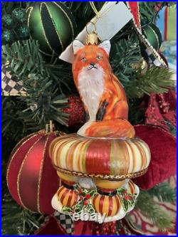 MacKenzie-Childs Fox On Tuffet Glass Ornament NIB