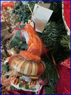 MacKenzie-Childs Fox On Tuffet Glass Ornament NIB