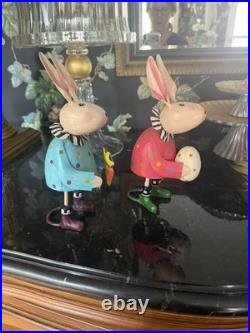 MacKenzie Childs Hip Hop Set Bunny Figurines Metal Easter Decor Rabbit Whimsical MacKenzie Childs Hip Hop Set Bunny Figurines Metal Easter Decor Rabbit Whimsical