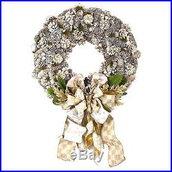 MacKenzie-Childs Parchment Check Stag Head Pinecone Winter Wreath-Gilded White