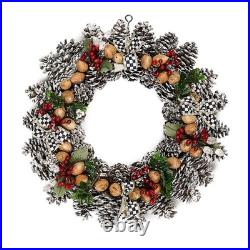 Mackenzie Childs 16 Pinecone wreath courtly check ribbon Christmas NEW in box