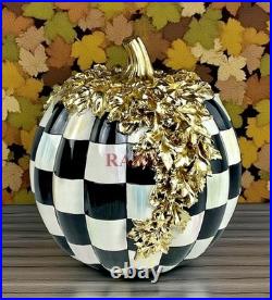 Mackenzie-Childs Courtly Check Gold Foliage 11.5 Tall Pumpkin Halloween New