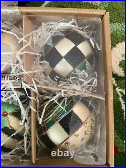 Mackenzie-Childs Farmhouse Glass Ornaments With Courtly Check NIB