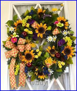 Mackenzie Childs Inspired Decor, Courtly Check Ribbon, Wreath, Sunflower Yellow