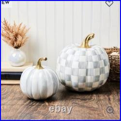 Mackenzie Childs Sterling Gray stripe & check pumpkin set of 2 NEW in box
