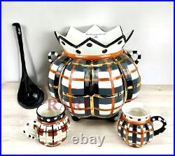 Mackenzie-Childs Tartan Spice Punch Bowl Ladle & 2 Mugs 11 Tall Ceramic New
