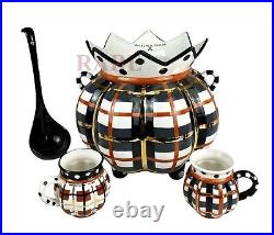 Mackenzie-Childs Tartan Spice Punch Bowl Ladle & 2 Mugs 11 Tall Ceramic New