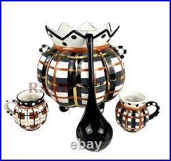 Mackenzie-Childs Tartan Spice Punch Bowl Ladle & 2 Mugs 11 Tall Ceramic New