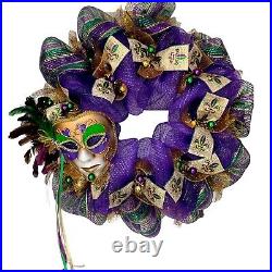 Mardi Gras Wreath Feather Venetian Mask Handmade Deco Mesh