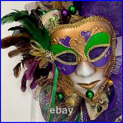 Mardi Gras Wreath Feather Venetian Mask Handmade Deco Mesh