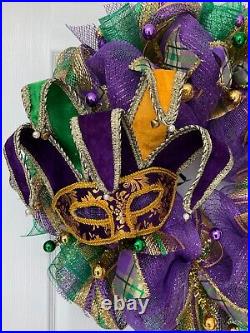 Mardi Gras Wreath Jester Mask Handmade Deco Mesh