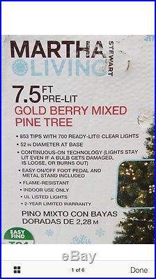 Martha Stewart 7.5 Gold Berry Mixed Pine Prelit Christmas Tree new