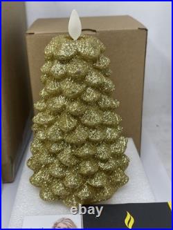 Martha Stewart LUMINARA Gold Christmas Glitter Tree Pillars Candles, 6.5, 9.5