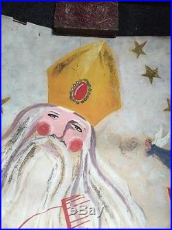 Massive Antique Vintage 1950 Hand Painted Poster Saint Nicholas Father Christmas