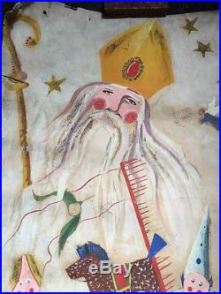 Massive Antique Vintage 1950 Hand Painted Poster Saint Nicholas Father Christmas