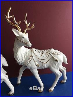 Member's Mark White Porcelain Santa, Sleigh & 2 Reindeer Set W Box Christmas