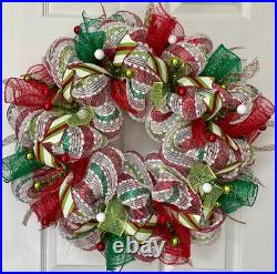 Merry Christmas Red and Green Striped Ribbon Wreath Handmade Deco Mesh