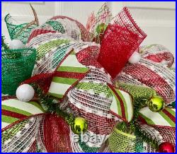 Merry Christmas Red and Green Striped Ribbon Wreath Handmade Deco Mesh ...