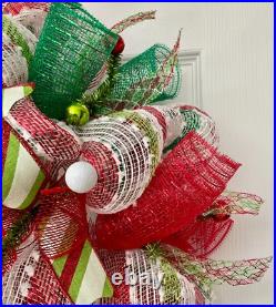 Merry Christmas Red and Green Striped Ribbon Wreath Handmade Deco Mesh ...