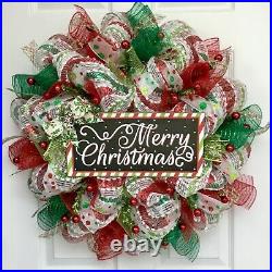 Merry Christmas Red and Green Striped Wreath Handmade Deco Mesh